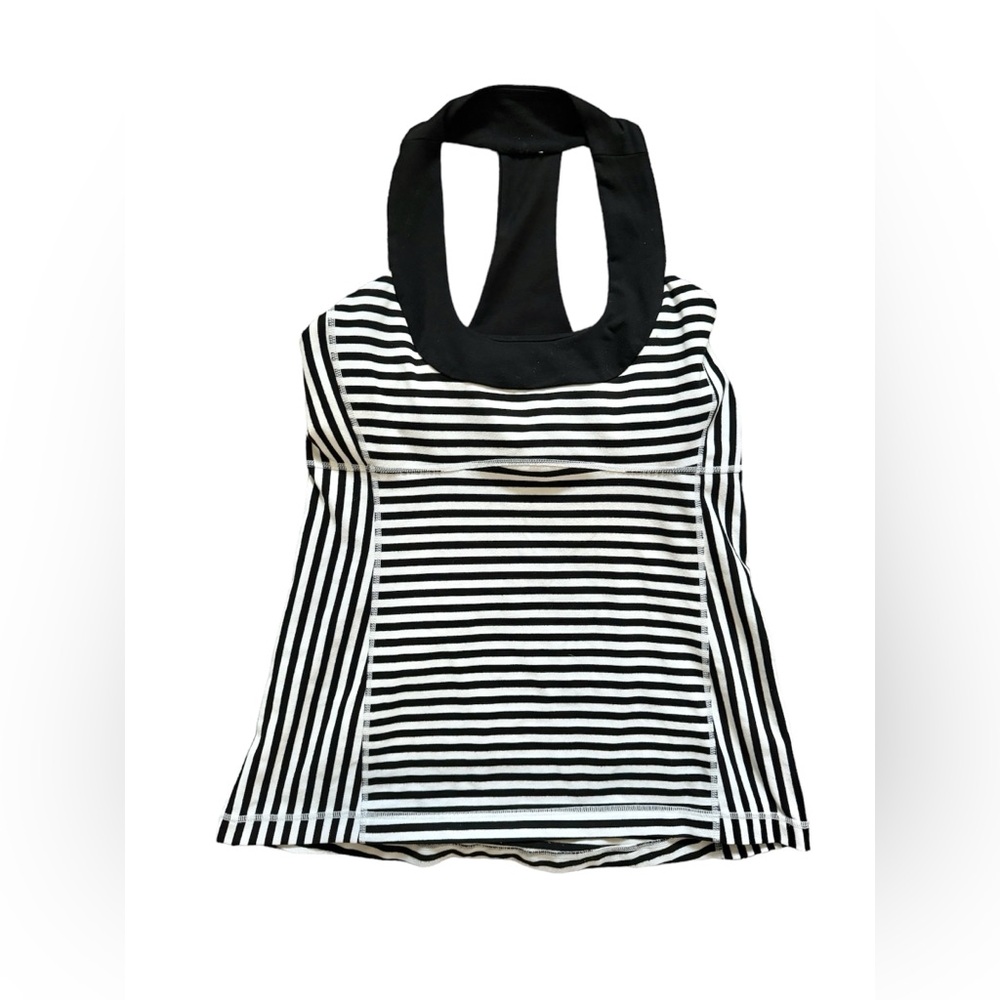 LULULEMON Scoop Neck Tank Black White Bold Stripes Racerback Shelf Bra Size 10